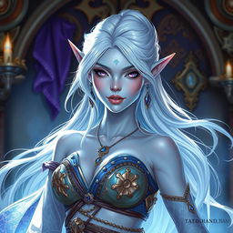 A captivating DnD character art of Maeve, depicted as a striking figure with smooth light blue skin and pronounced elven ears