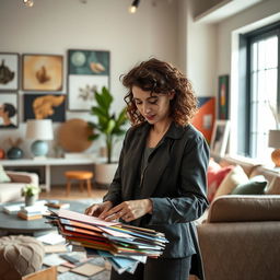 A female interior designer at work, focusing on a stylish modern living space filled with artistic decor