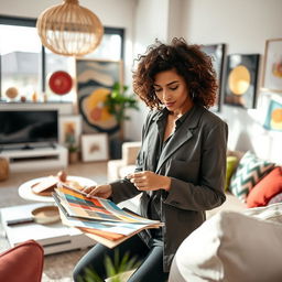 A female interior designer at work, focusing on a stylish modern living space filled with artistic decor