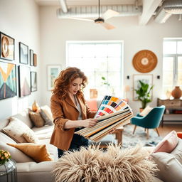 A female interior designer at work, focusing on a stylish modern living space filled with artistic decor
