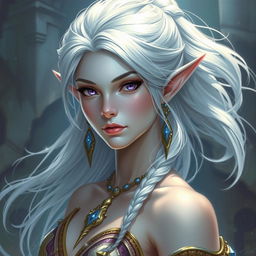 A mesmerizing DnD character art of Maeve, illustrating her as a striking figure with smooth light blue skin and elegant elven ears