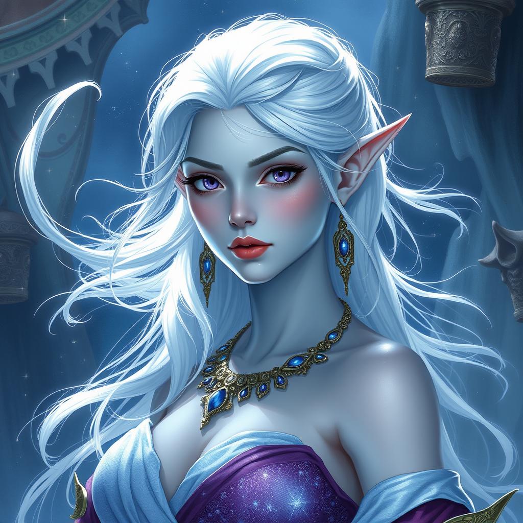 A mesmerizing DnD character art of Maeve, illustrating her as a striking figure with smooth light blue skin and elegant elven ears