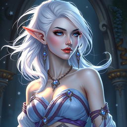 A mesmerizing DnD character art of Maeve, illustrating her as a striking figure with smooth light blue skin and elegant elven ears