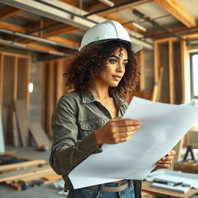 A female interior designer with curly hair actively working on a construction site