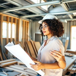 A female interior designer with curly hair actively working on a construction site