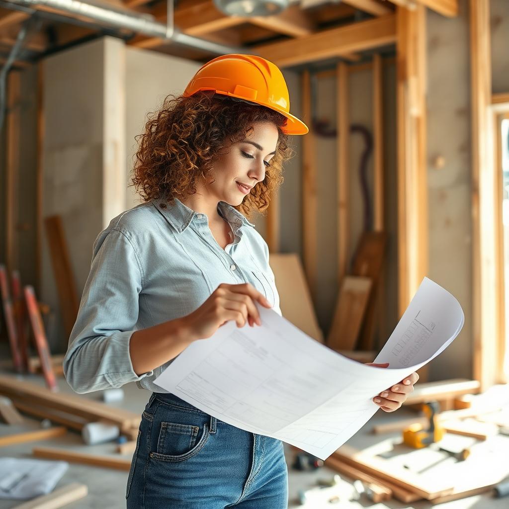 A female interior designer with curly hair actively working on a construction site