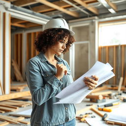 A female interior designer with curly hair actively working on a construction site