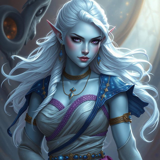 A breathtaking DnD character art representation of Maeve, portrayed as a striking figure with luminous light blue skin and elegantly pointed elven ears