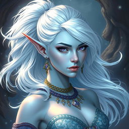 A breathtaking DnD character art representation of Maeve, portrayed as a striking figure with luminous light blue skin and elegantly pointed elven ears