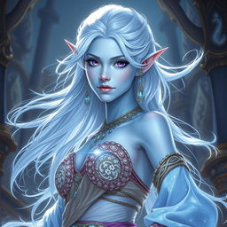 A breathtaking DnD character art representation of Maeve, portrayed as a striking figure with luminous light blue skin and elegantly pointed elven ears