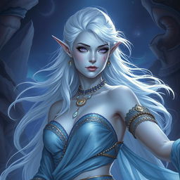 A breathtaking DnD character art representation of Maeve, portrayed as a striking figure with luminous light blue skin and elegantly pointed elven ears