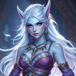 A stunning DnD character art of Maeve, showcasing her as a striking figure with luminous light blue skin and elegant elven ears