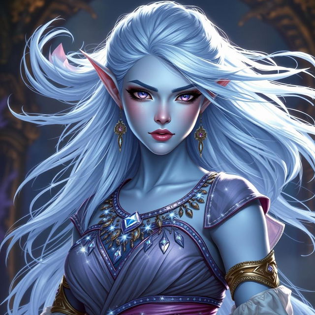 A stunning DnD character art of Maeve, showcasing her as a striking figure with luminous light blue skin and elegant elven ears