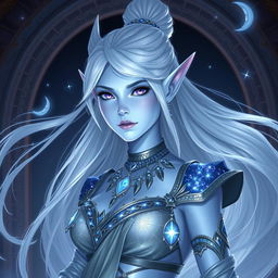 A stunning DnD character art of Maeve, showcasing her as a striking figure with luminous light blue skin and elegant elven ears