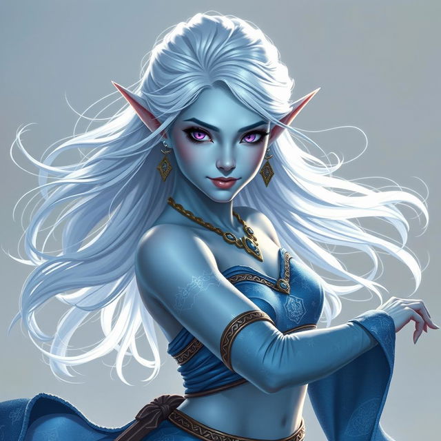 In the style of D&D character art, Maeve is a striking figure with light blue skin and elegant elven ears