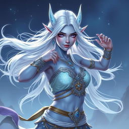 In the style of D&D character art, Maeve is a striking figure with light blue skin and elegant elven ears
