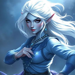 In the style of D&D character art, Maeve is a striking figure with light blue skin and elegant elven ears