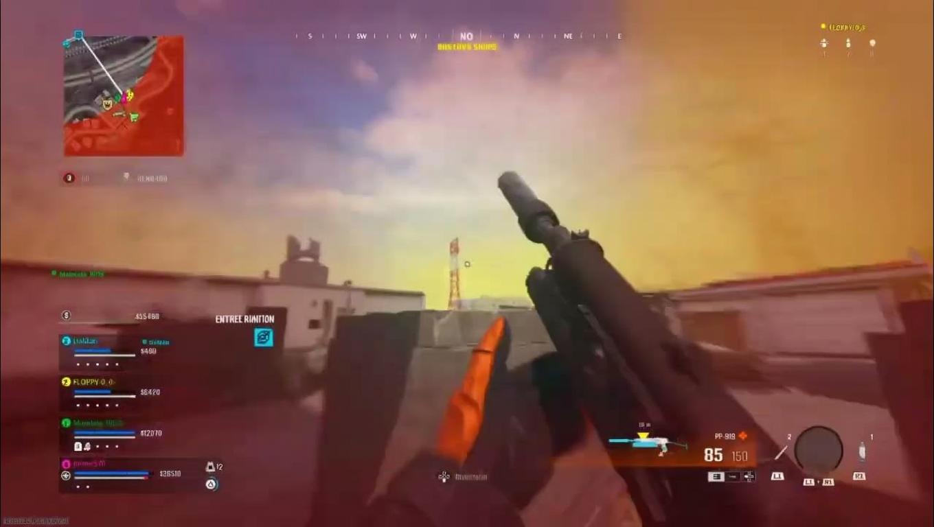 An intense first-person view of a warrior aiming a high-tech sniper rifle at a distant target