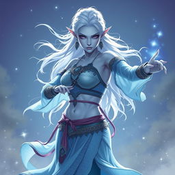 In the style of D&D character art, Maeve is a striking figure with light blue skin and pointed elven ears