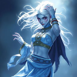 In the style of D&D character art, Maeve is a striking figure with light blue skin and pointed elven ears