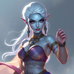 In the style of D&D character art, Maeve is a striking figure with captivating light blue skin and elegantly pointed elven ears
