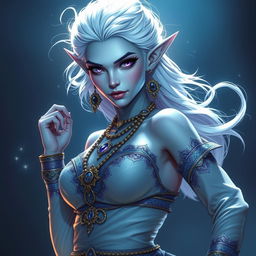 In the style of D&D character art, Maeve is a striking figure with captivating light blue skin and elegantly pointed elven ears