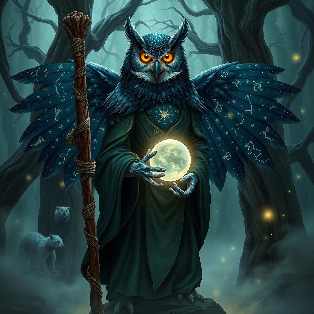 A mysterious Owlin figure stands amidst the swirling mists of an otherworldly forest