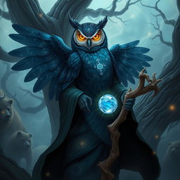 A mysterious Owlin figure stands amidst the swirling mists of an otherworldly forest