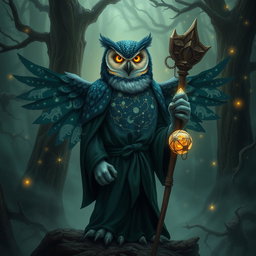 A mysterious Owlin figure stands amidst the swirling mists of an otherworldly forest