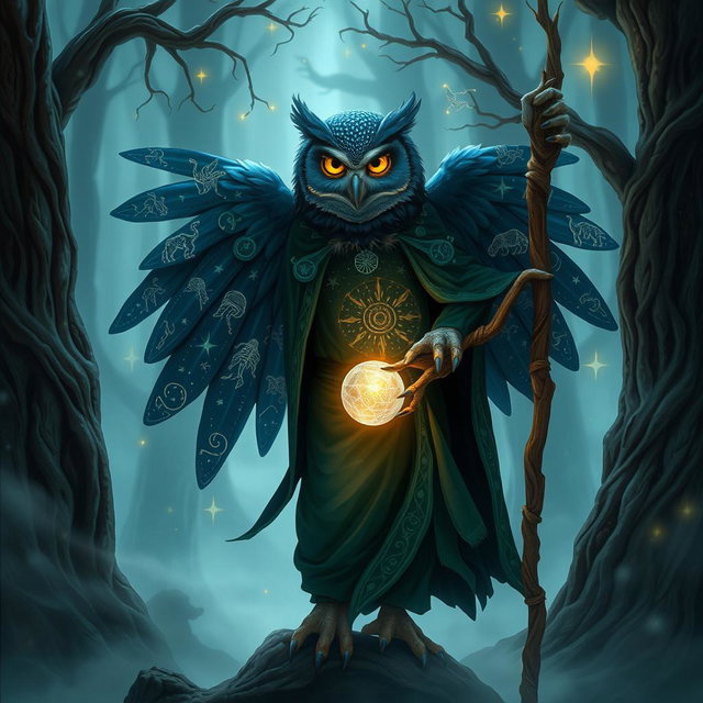 A mysterious Owlin figure stands amidst the swirling mists of an otherworldly forest