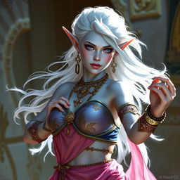 In the style of D&D character art, Maeve is depicted as a striking figure with enchanting light blue skin and gracefully pointed elven ears