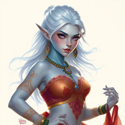 In the style of D&D character art, Maeve is depicted as a striking figure with enchanting light blue skin and gracefully pointed elven ears