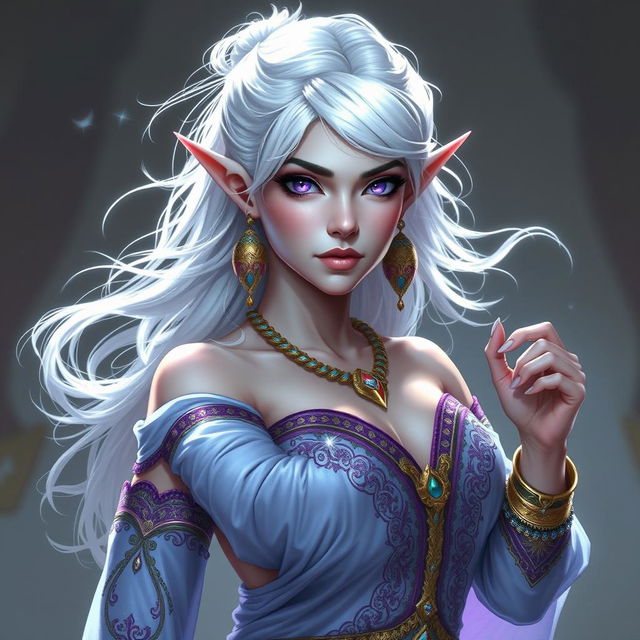 In the style of D&D character art, Maeve is depicted as a striking figure with enchanting light blue skin and gracefully pointed elven ears