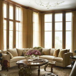 An elegantly furnished living room with natural light streaming through large windows, accentuating the rich textures of the furniture and decor.