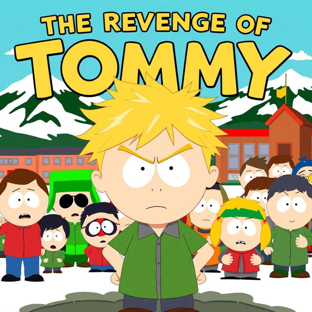 A colorful and humorous South Park-style poster featuring a boy named Tommy, who looks mischievous and slightly sinister
