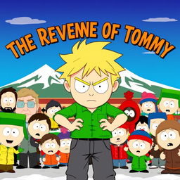 A colorful and humorous South Park-style poster featuring a boy named Tommy, who looks mischievous and slightly sinister