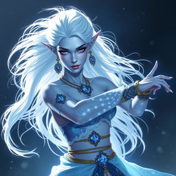 In the style of D&D character art, Maeve is a striking figure with light blue skin and elegantly pointed elven ears
