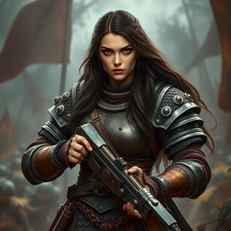 A big human woman warrior with long dark brown hair cascading down her back, clad in detailed ring mail armor that emphasizes her broad shoulders and strong physique