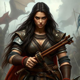A big human woman warrior with long dark brown hair cascading down her back, clad in detailed ring mail armor that emphasizes her broad shoulders and strong physique