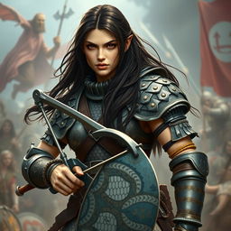 A big human woman warrior with long dark brown hair cascading down her back, clad in detailed ring mail armor that emphasizes her broad shoulders and strong physique