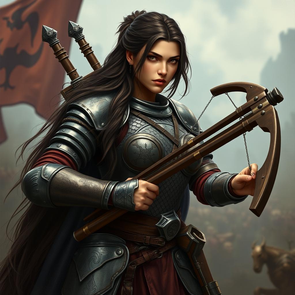 A big human woman warrior with long dark brown hair cascading down her back, clad in detailed ring mail armor that emphasizes her broad shoulders and strong physique