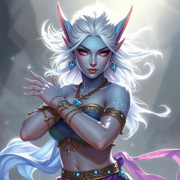 In the style of D&D character art, Maeve is a striking figure characterized by her light blue skin and elegantly pointed elven ears