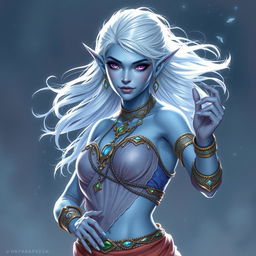 In the style of D&D character art, Maeve is a striking figure characterized by her light blue skin and elegantly pointed elven ears