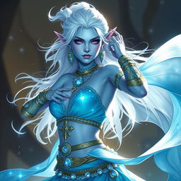In the style of D&D character art, Maeve is a striking figure characterized by her light blue skin and elegantly pointed elven ears
