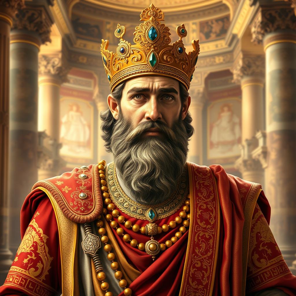 A majestic and detailed portrait of Cyrus the Great, the founder of the Achaemenid Empire, depicted in regal attire that reflects Persian royal traditions