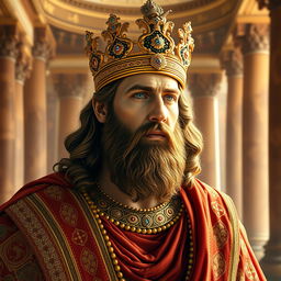 A majestic and detailed portrait of Cyrus the Great, the founder of the Achaemenid Empire, depicted in regal attire that reflects Persian royal traditions