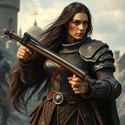 A big human middle-aged woman warrior with long dark brown hair flowing down her back, clad in intricately designed ring mail armor showcasing her broad shoulders