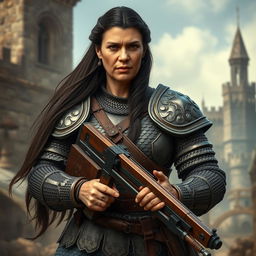 A big human middle-aged woman warrior with long dark brown hair flowing down her back, clad in intricately designed ring mail armor showcasing her broad shoulders