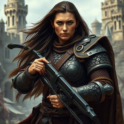 A big human middle-aged woman warrior with long dark brown hair flowing down her back, clad in intricately designed ring mail armor showcasing her broad shoulders