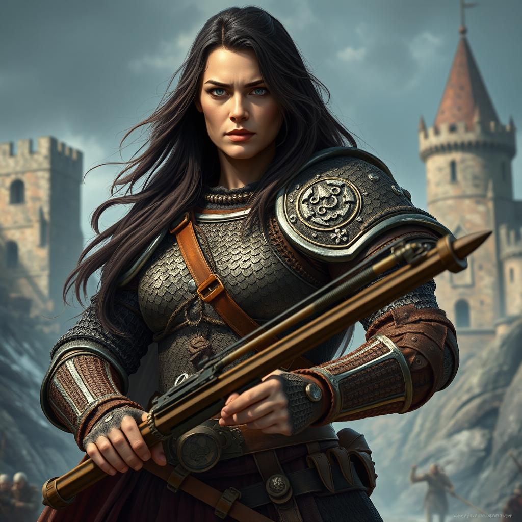 A big human middle-aged woman warrior with long dark brown hair flowing down her back, clad in intricately designed ring mail armor showcasing her broad shoulders